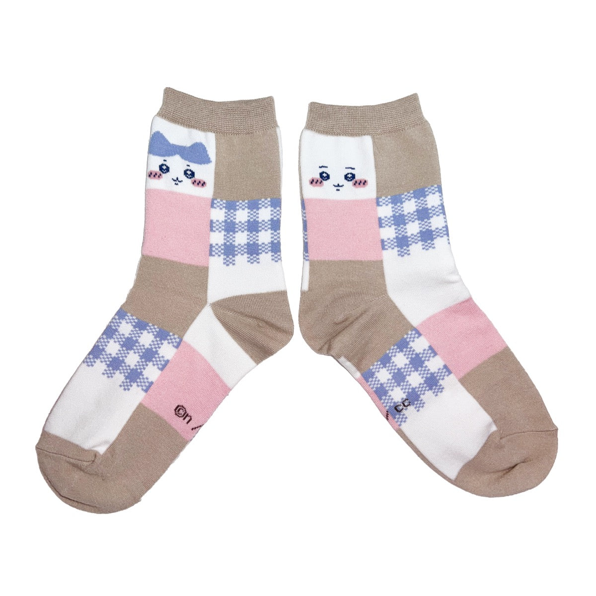 치이카와 블록 체크 크루 양말 (치이카와 & 하치와레 베이지) 여성용