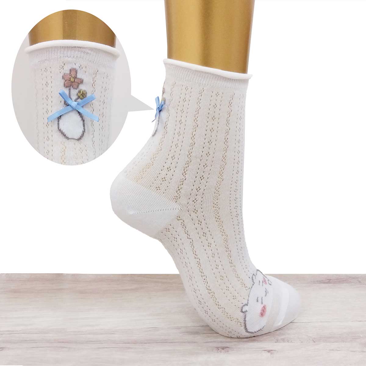 치이카와 칭찬 리본 달린 크루 양말 (오프 화이트) 여성용