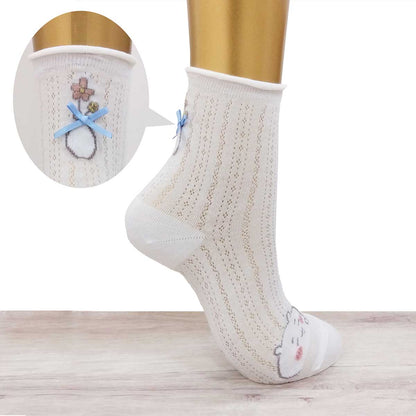 치이카와 칭찬 리본 달린 크루 양말 (오프 화이트) 여성용