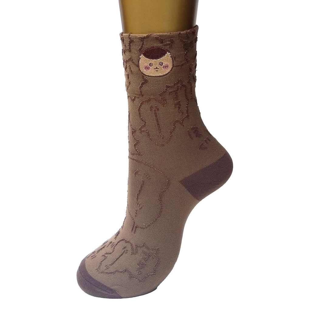 Chikawa Float Embroidery Crew Socks (Kurimanju Brown) For Ladies