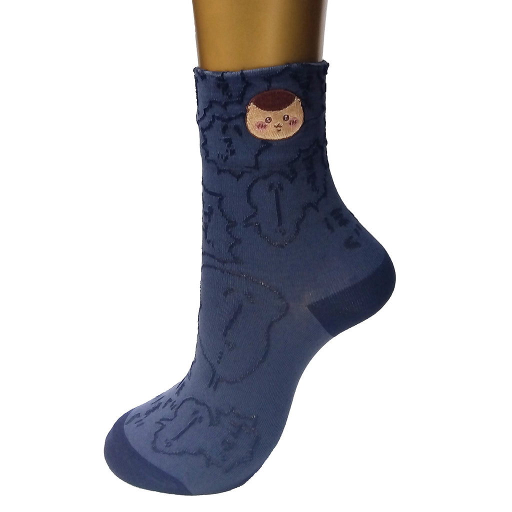 Chikawa Float Embroidery Crew Socks (Kurimanju Navy) For Ladies