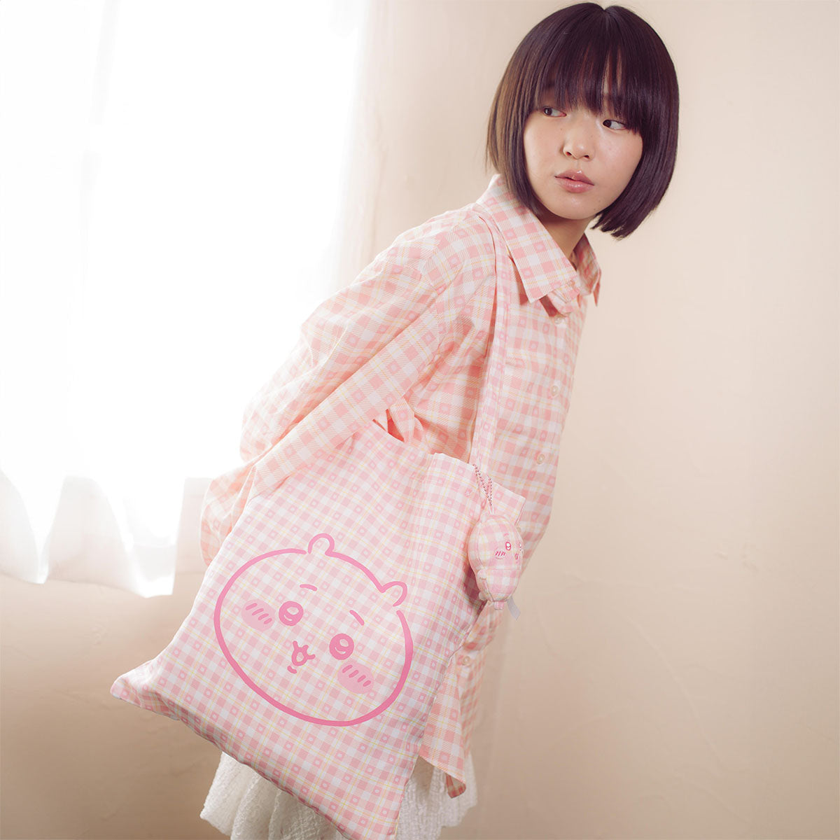 吉伊卡哇 格子系列手提袋 (附吊飾) 吉伊卡哇 粉紅色