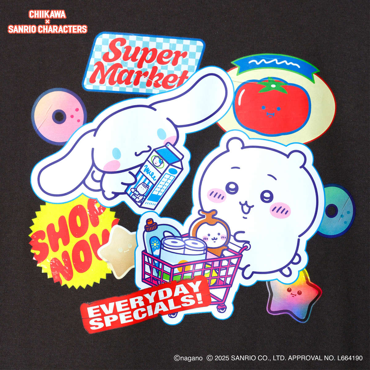 吉伊卡哇 × 三麗鷗角色 T恤 超市 吉伊卡哇・大耳狗 炭黑