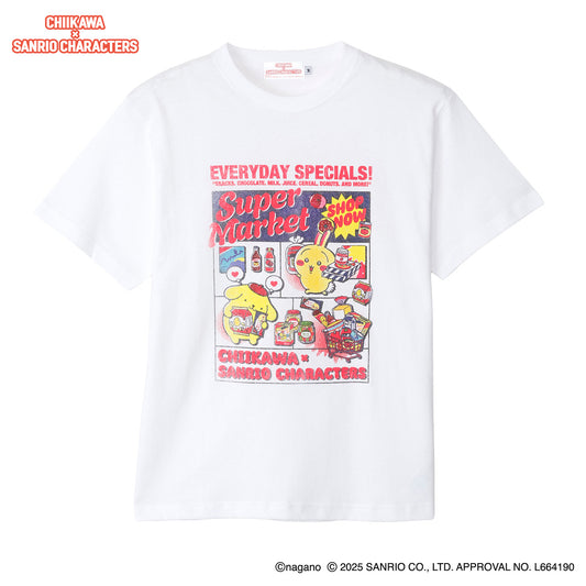 Chiikawa × Sanrio Characters T-Shirt Supermarket Usagi・Pompompurin White
