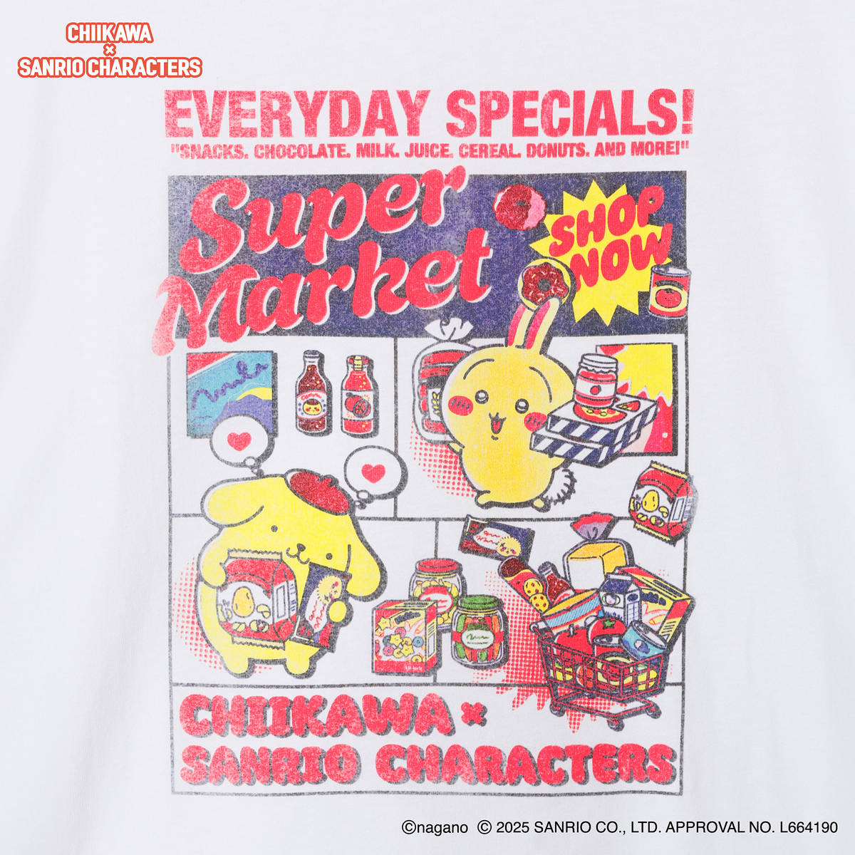 ちいかわ×サンリオキャラクターズ スーパーマーケットなTシャツ うさぎ・ポムポムプリン ホワイト