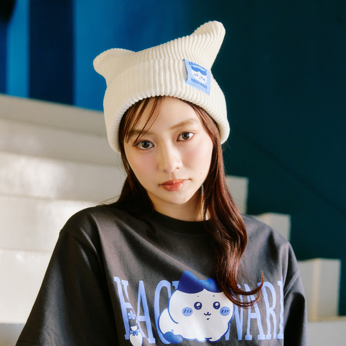 치이카와 니트 모자 (가르마 시리즈 / 화이트)