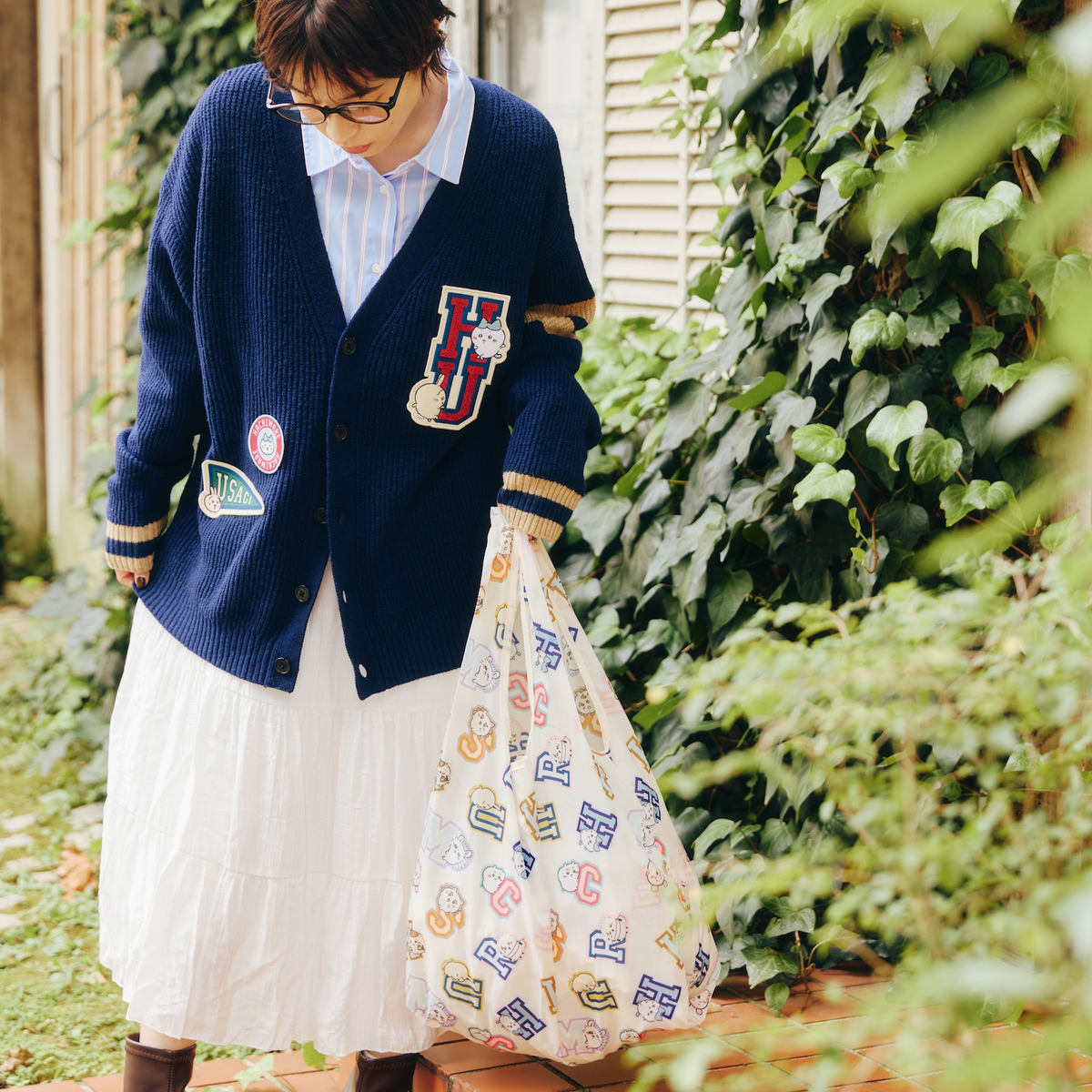 ちいかわ ニットカーディガン カレッジ（ハチワレ＆うさぎ）ネイビー