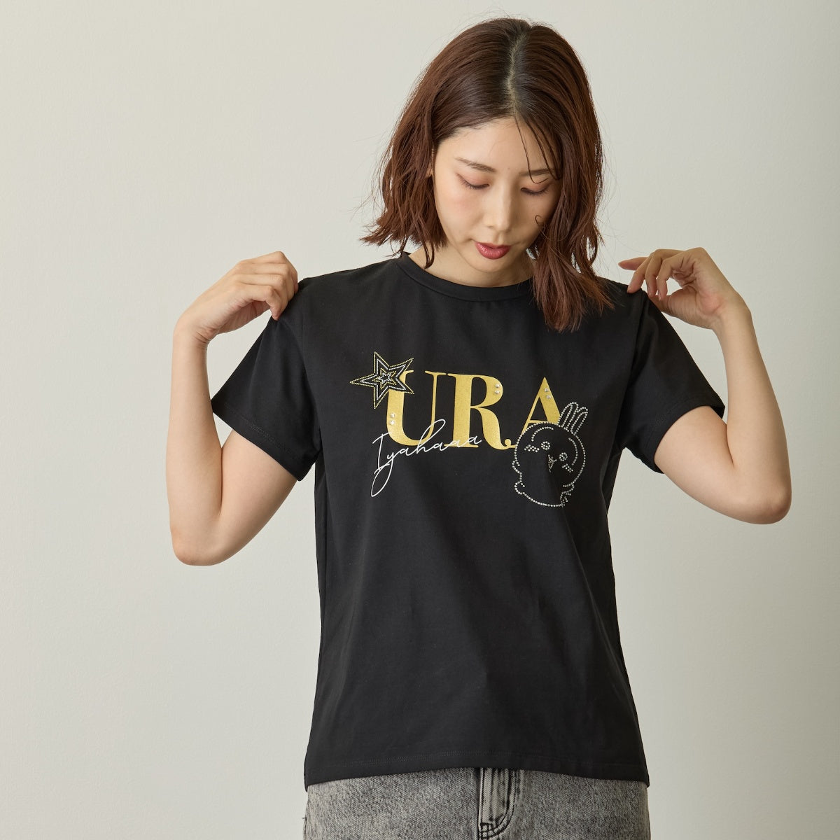 Chiikawa Rhinestone T-shirt DECO (Usagi) Black