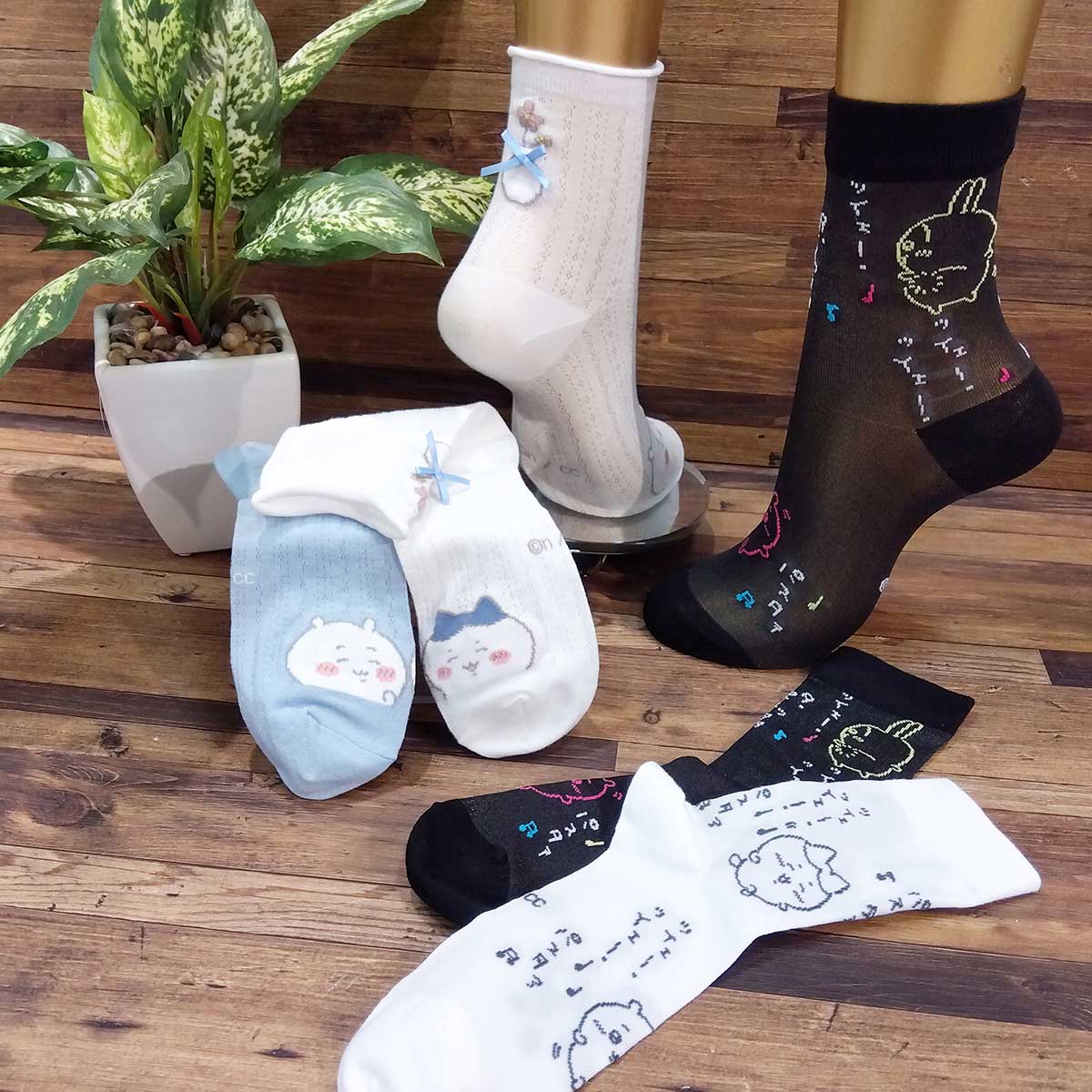 치이카와 칭찬 리본 달린 크루 양말 (오프 화이트) 여성용