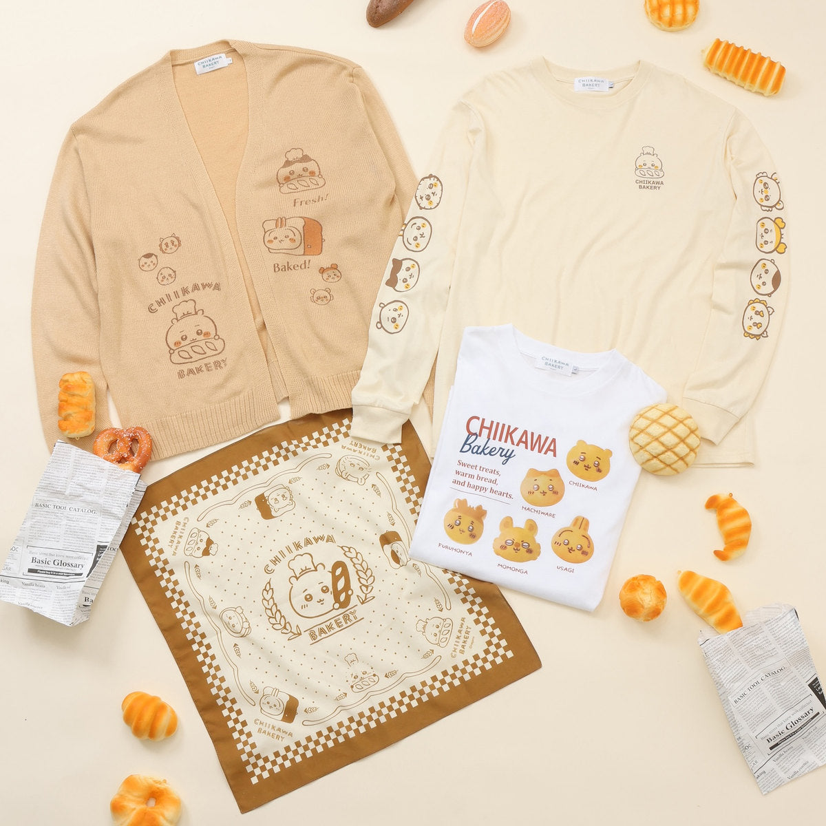 ちいかわ ちいかわベーカリー 長袖Tシャツ パンなみんな ベージュ