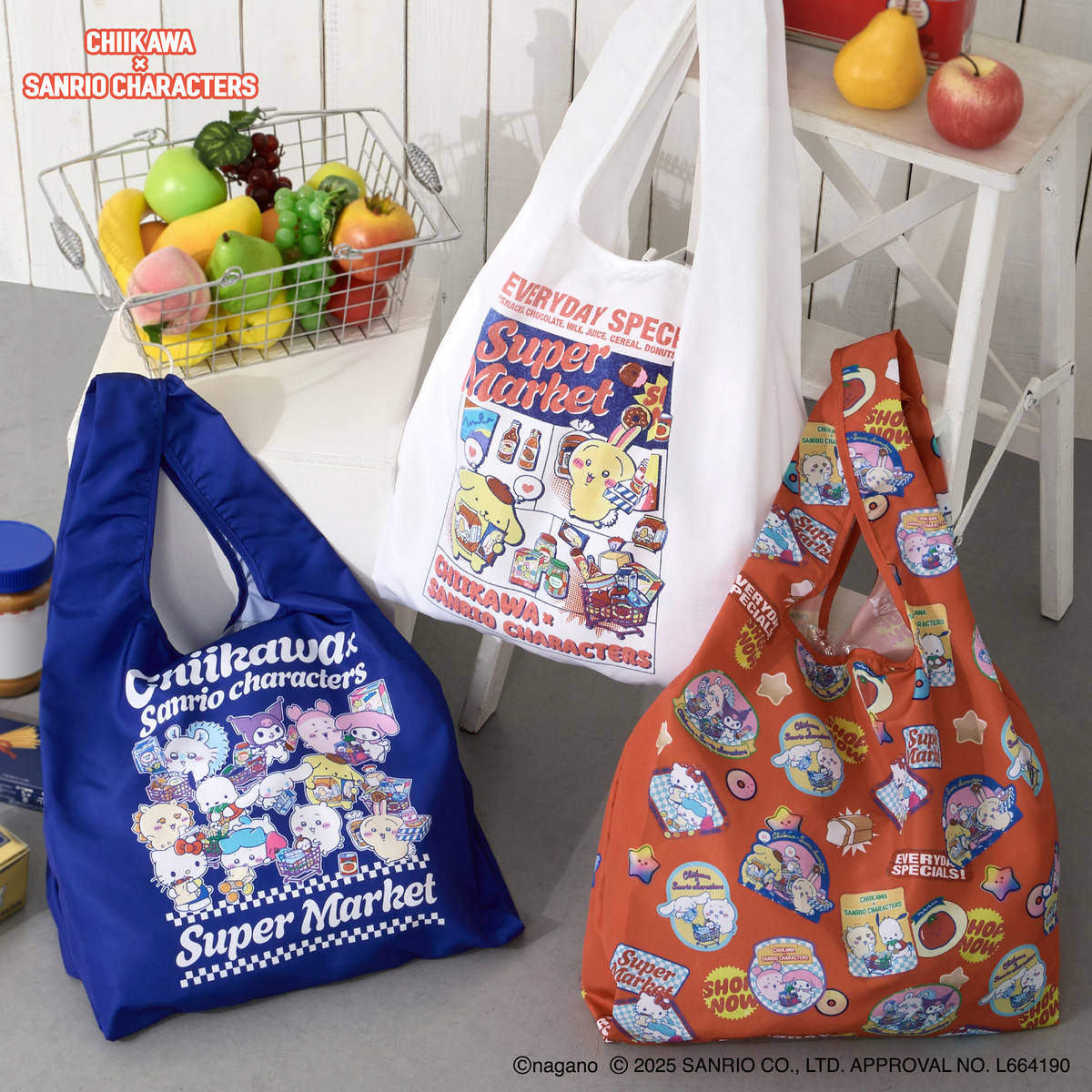 Chiikawa × Sanrio Characters Eco Bag Supermarket Sticker Pattern Orange