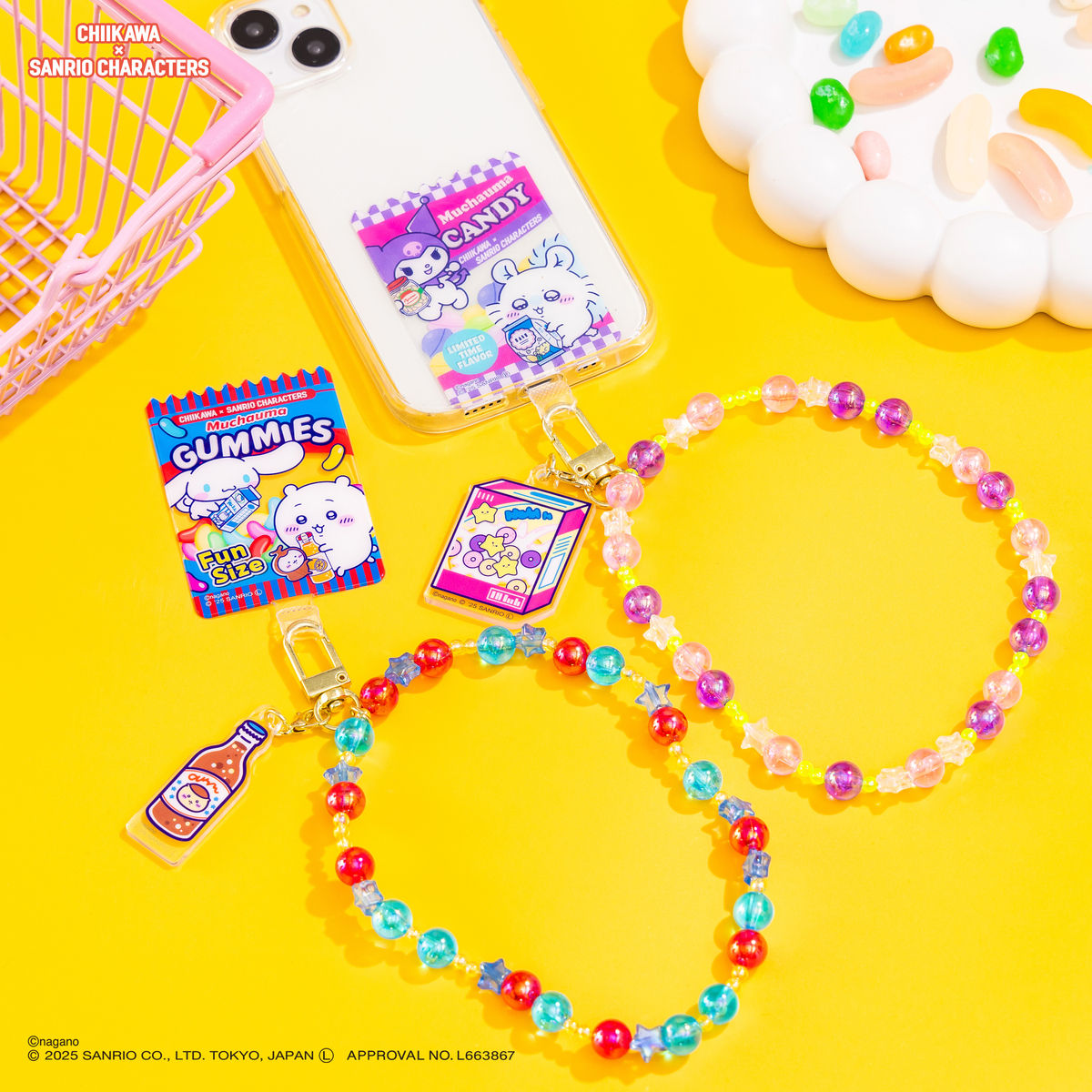 Chiikawa × Sanrio Characters Supermarket Phone Tab Bead Strap (Momonga and Kuromi)