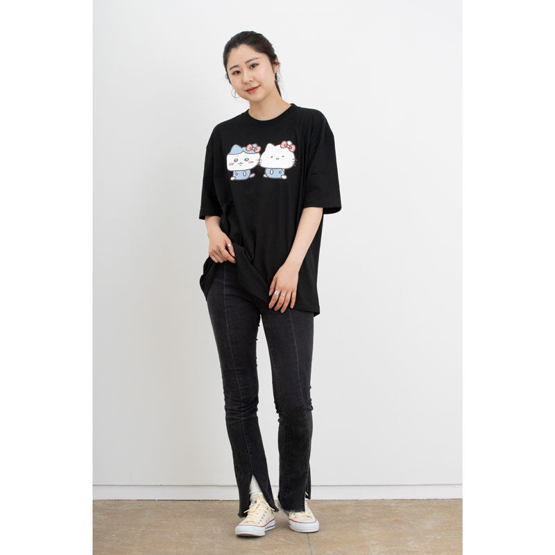 Chiikawa × Sanrio Characters Big T-Shirt Hachiware × Hello Kitty Black
