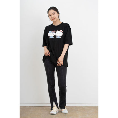 Chiikawa × Sanrio Characters Big T-Shirt Hachiware × Hello Kitty Black