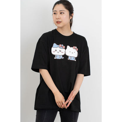 Chiikawa × Sanrio Characters Big T-Shirt Hachiware × Hello Kitty Black
