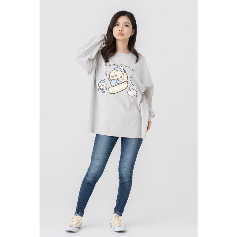 ちいかわ観光 ビックシルエットL/S Tシャツ うさぎスノボ(グレー)-